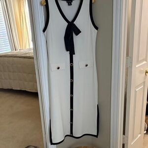 Nicole Miller Cream Midi Shift Dress with Black Trim and Bow